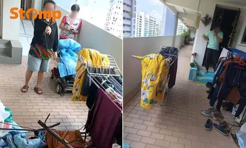 A Jurong West resident accused of obstructing the corridor with a clothes rack and littering has hit back at her neighbour for harassment.