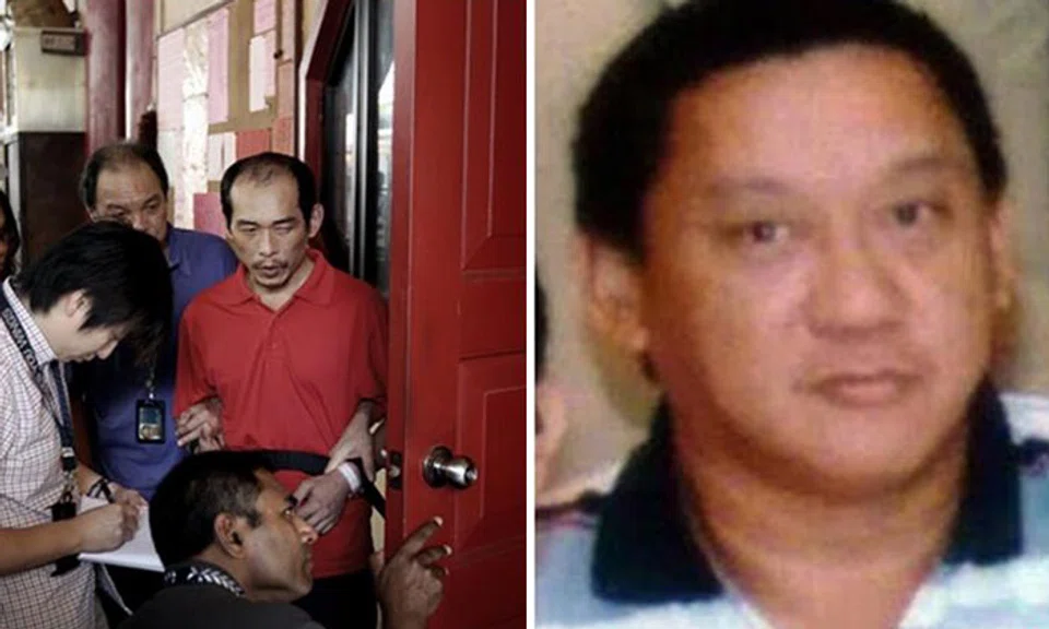Loh Suan Lit (dressed in red on left) attacked and killed Mr Tan Poh Huat (right) after during a failed burglary at a temple. 
