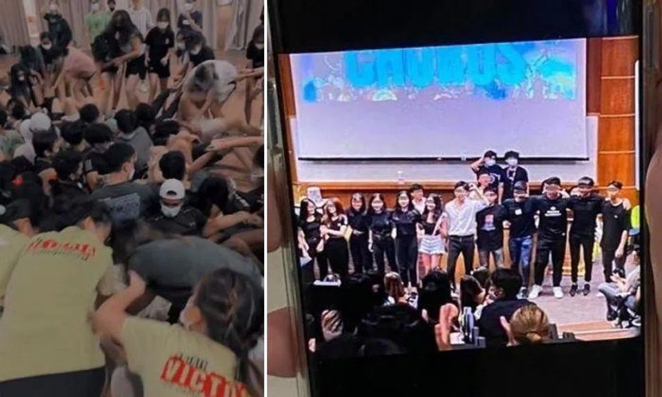 Left: Students taking part in a NUS Sheares Hall engagement camp. Right: More than 20 students have tested positive for Covid-19 after attending the NUS' Business School orientation camp. Photos: The New Paper, Shin Min Daily News