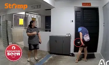 Two aunties standing outside a door.