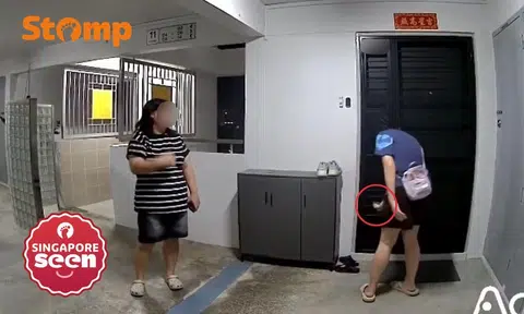 Two aunties standing outside a door.