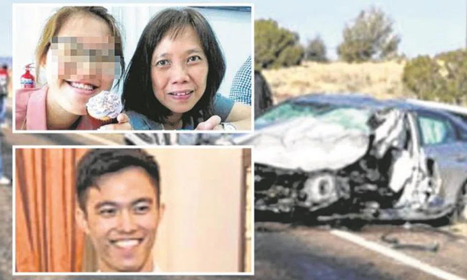 Ms Justlyn Yeo Jing Hui (leftmost top inset) and Madam Chua Cher Hwee (rightmost top inset) were in the silver Hyundai driven by Mr Justin Yeo Jun Xi (bottom inset) during the accident.