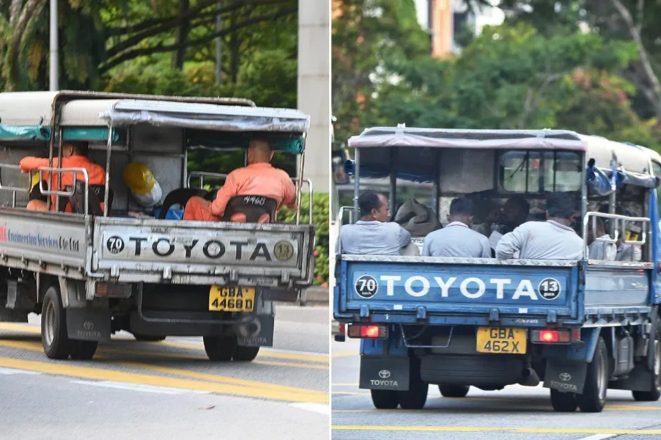 Migrant workers being ferried in the back of a lorry.