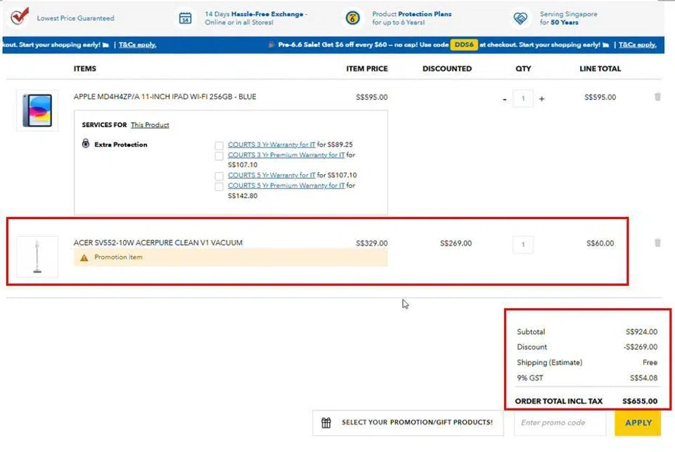 The screenshot shows what the consumer sees when clicking into the cart.
The vacuum cleaner is shown as a