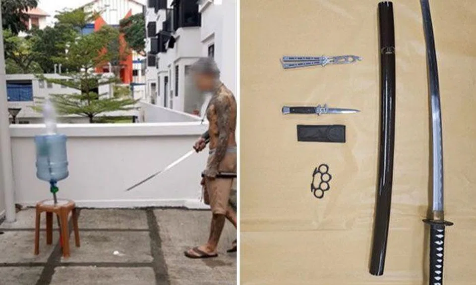 Items seized: A samurai sword, a butterfly knife, a knuckle duster and a flick knife. PHOTOS: SPF, VIDEO SCREENSHOT