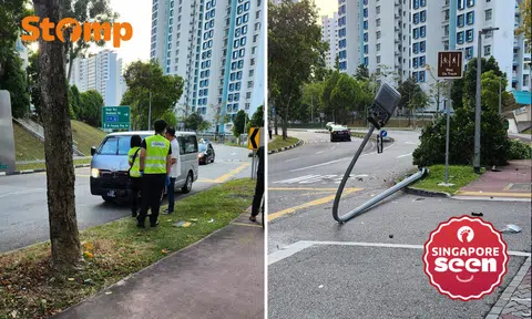 Van driver assisting with police investigations after knocking down tree and lamppost at Senja Road
