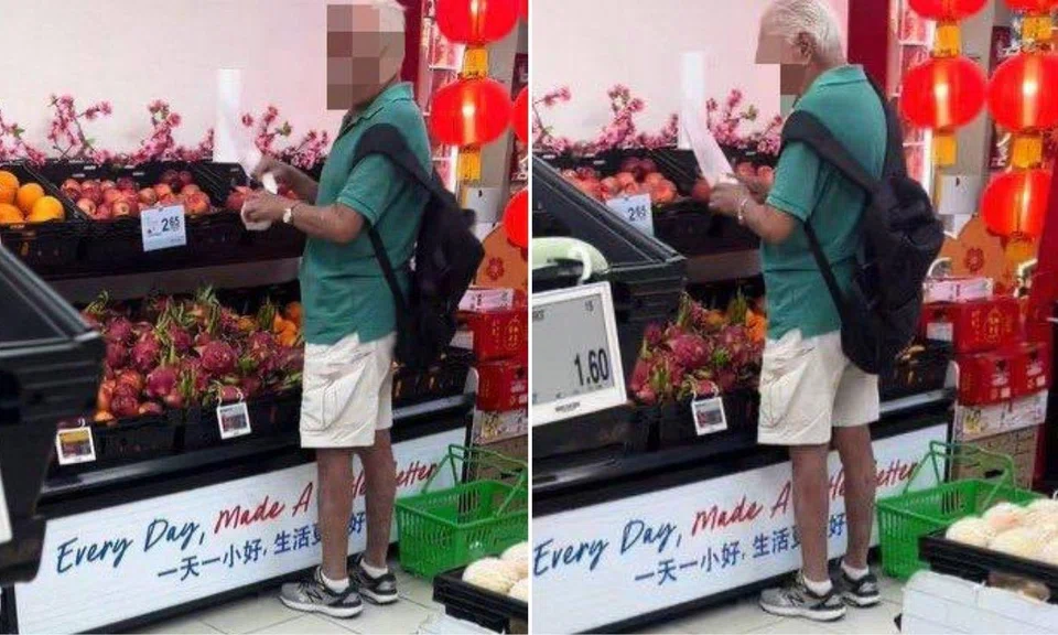 The elderly man could be seen pulling out plastic food bags at a FairPrice outlet in Whampoa. 