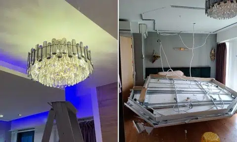 The false ceiling before and after the collapse.