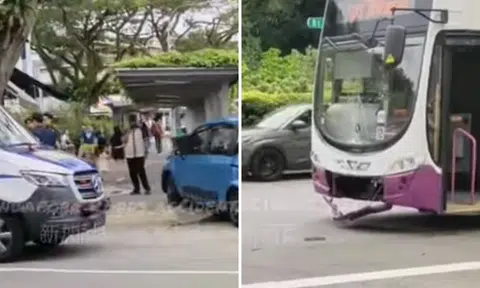 SBS Transit bus bumper splits in half after collision with car at Bukit Timah