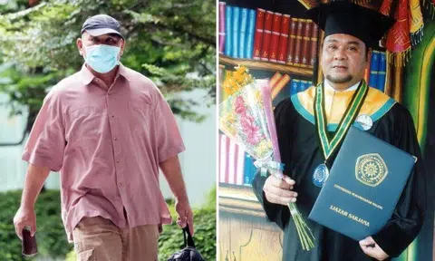 Rasman Saridin with his Master's Degree in Islamic Studies from the Universitas Muhammadiyah Malang in Indonesia.