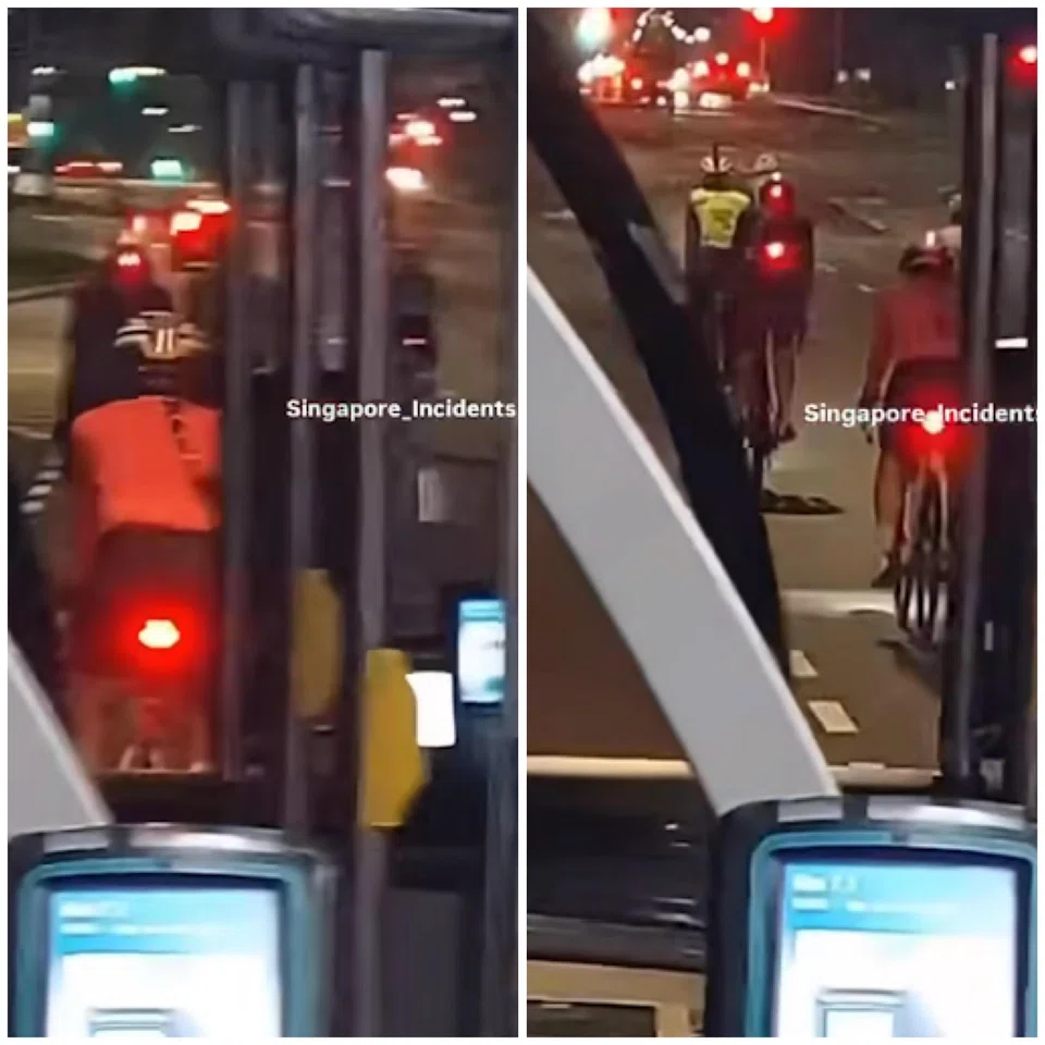Screen captures of the video showing the cyclists spread across the left lane