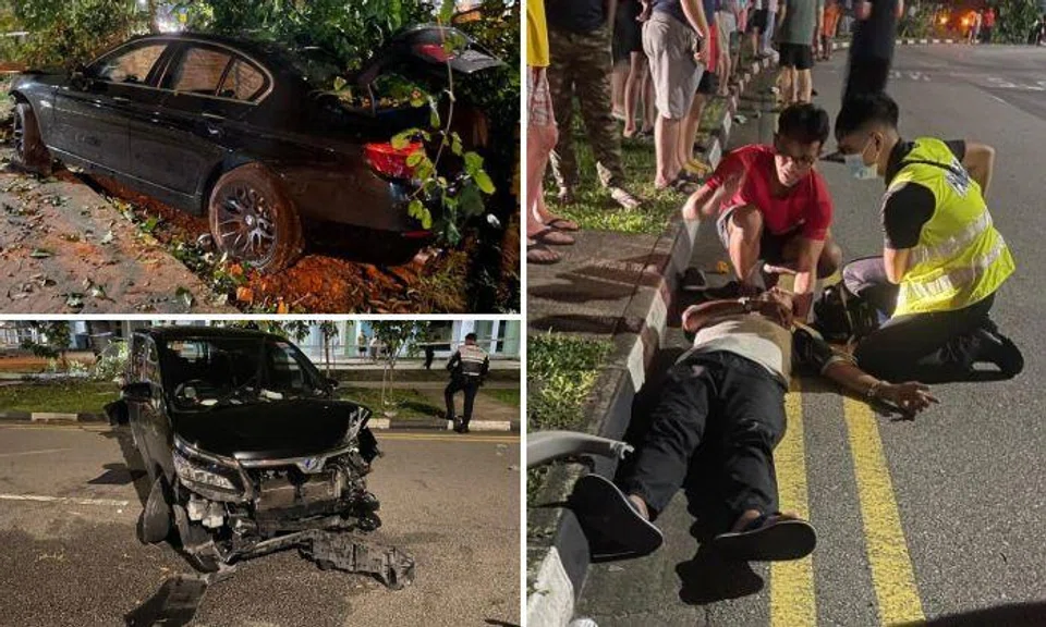 Three men were taken to hospital after a two-car collision in Jurong West Central 1 on Friday night that also caused a lamp post and several trees to be knocked down. Photos: Shin Min Daily News