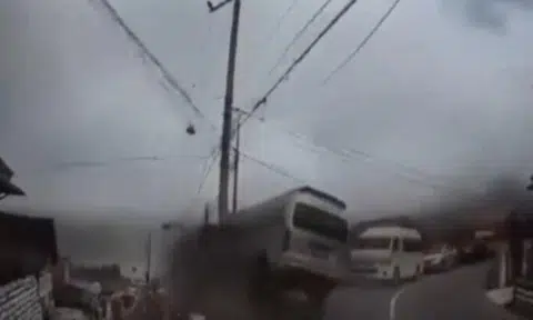 The minibus’ downhill descent is halted by an electric post that it crashes into, the video shows.