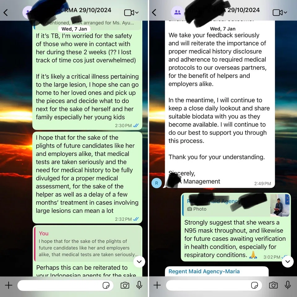 When the maid arrived in Singapore and got her X-ray, she was found to have 6cm by 6cm lesions on one lung and spots all over the other lung.
