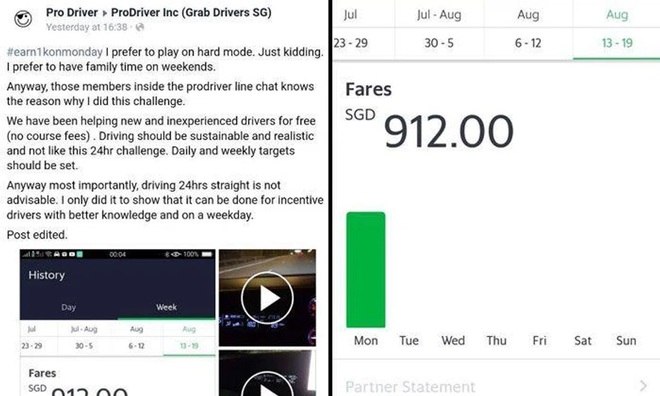 Grab driver claims he earned $912 in 1 day by driving for 24 hours, but says it's not advisable