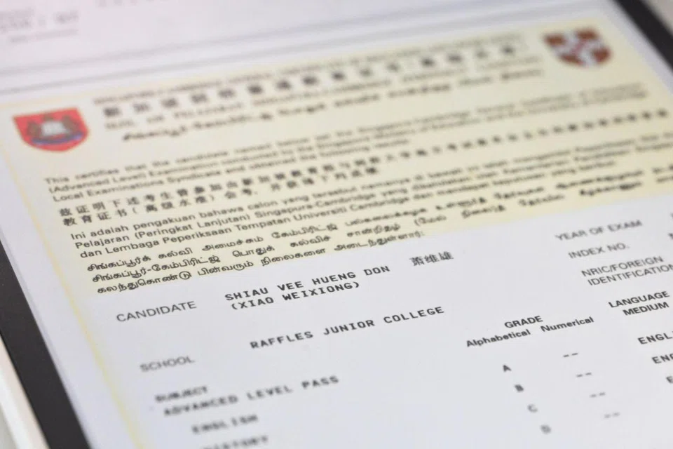 Mr Don Shiau’s GCE A-level certificate, which shows both his dialect and pinyin names.