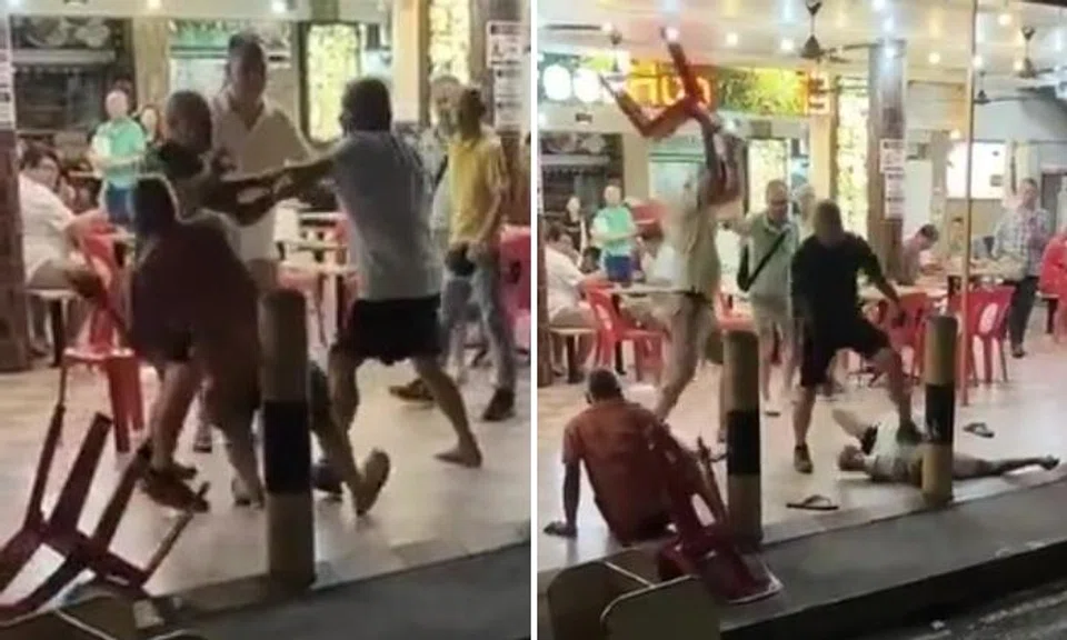 Uncles punch, kick and throw chairs in Bukit Panjang coffee shop brawl, 2 end up on floor and can't get up