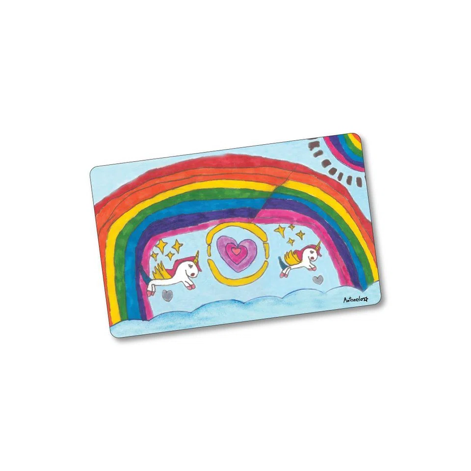 A Rainbow Unicorn ez-link card showcases artwork created by a six-year-old beneficiary of the Children’s Cancer Foundation.
