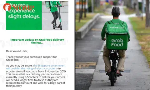 GrabFood warns customers of longer wait with e-scooter ban on footpaths