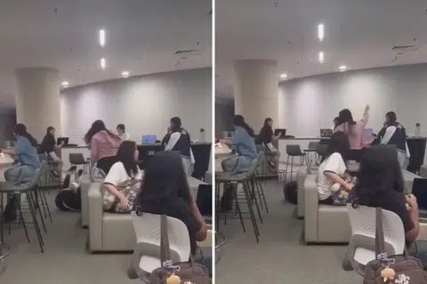 In a video circulating on social media, a woman in a pink hoodie can be seen kicking an older woman who is lying on the ground.