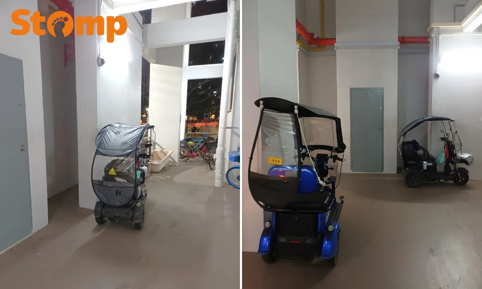 Mobility scooters indiscrimately parked in the void deck of a Yew Tee block.