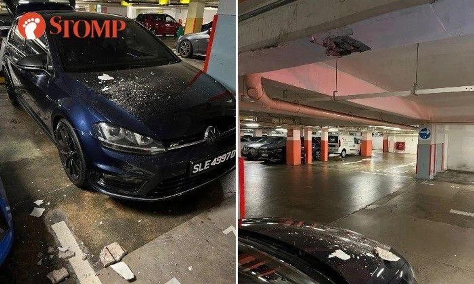 A Volkswagen Golf was damaged by spalling concrete from the ceiling in the basement carpark of Tekka Centre.
