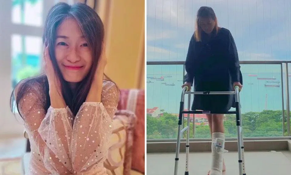 Carole Lin shared on social media on March 9 a video of herself using a walking frame with her left foot bandaged. PHOTOS: CAROLELINXIAOPEI/INSTAGRAM