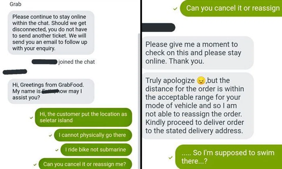 'I ride bike not submarine': Grab investigating after rider asked to deliver food to Seletar Island