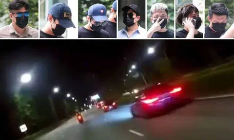 Seven men who were part of a convoy of more than 30 cars were on Tuesday slapped with fines and disqualified from driving for 15 to 18 months.