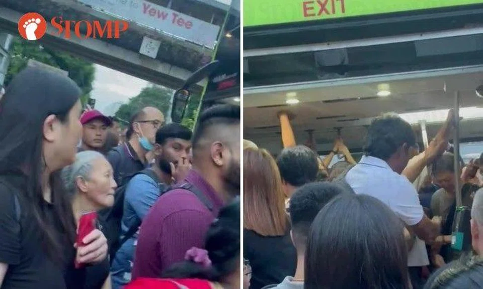 Stomper Christopher shared a video of the chaos at the bus stop outside Yew Tee MRT station as a crowd of people tried to get onto a double-decker bus that was already full.