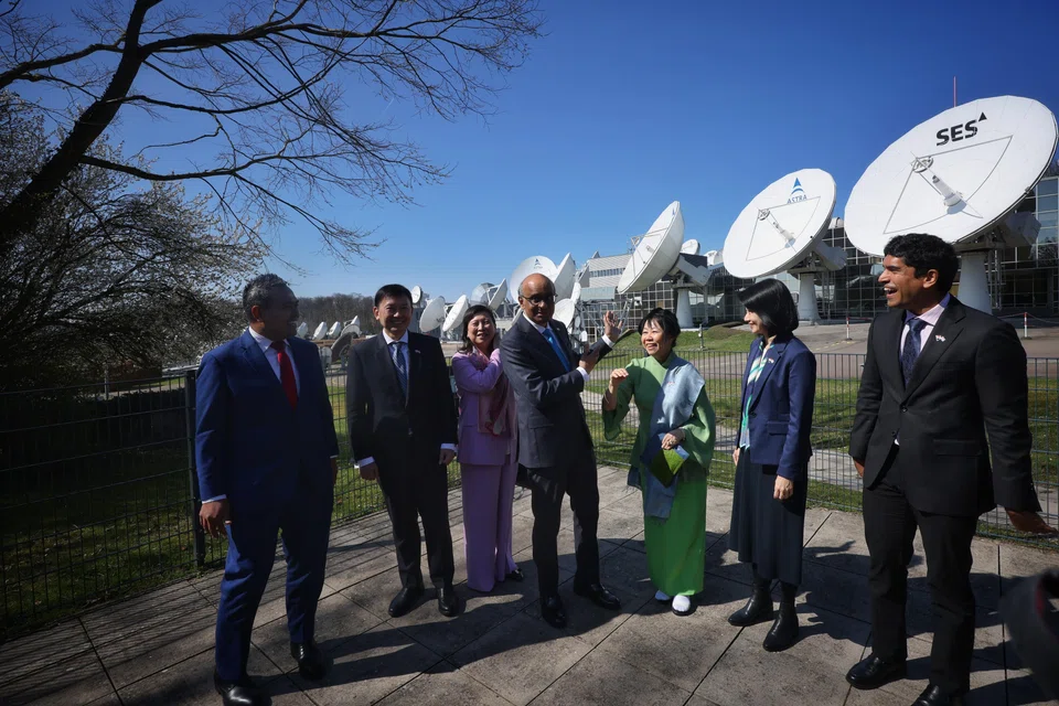 President Tharman Shanmugaratnam viewing satellite dishes at SES HQ in Luxembourg on March 28.