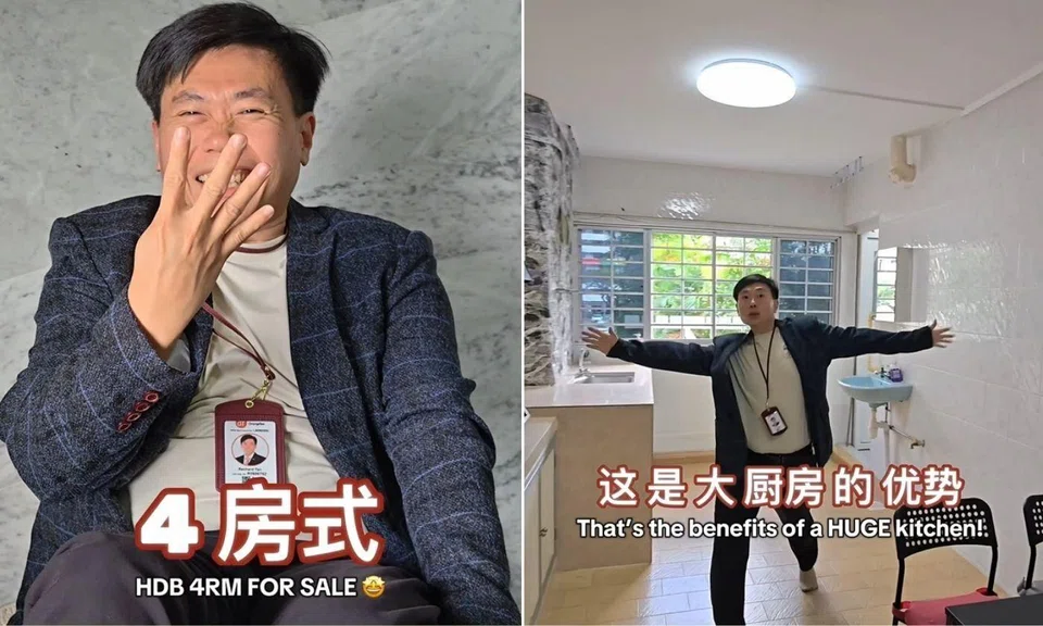 Left half shows a man doing a sit up and holding up 4 fingers. Right half shows the same man, a property agent standing in an apartment kitchen with his arms spread wide