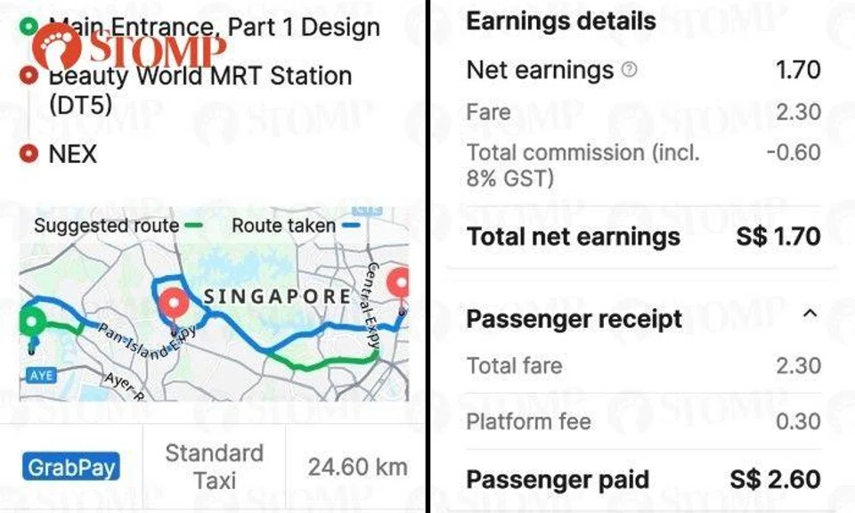 Stomper Adrian had driven the passenger from 3 Chin Bee Avenue in Jurong to Beauty World MRT station in Bukit Timah and Nex shopping mall in Serangoon.