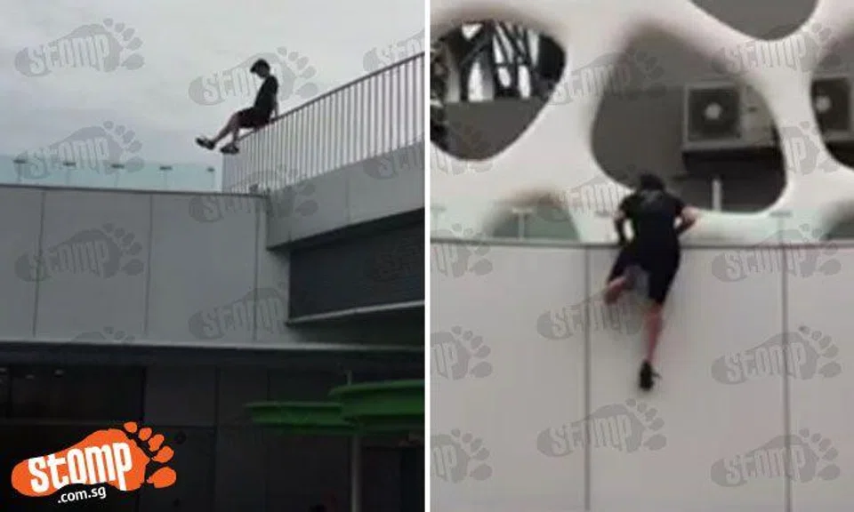 Boy showing off parkour moves at VivoCity is an accident waiting to happen