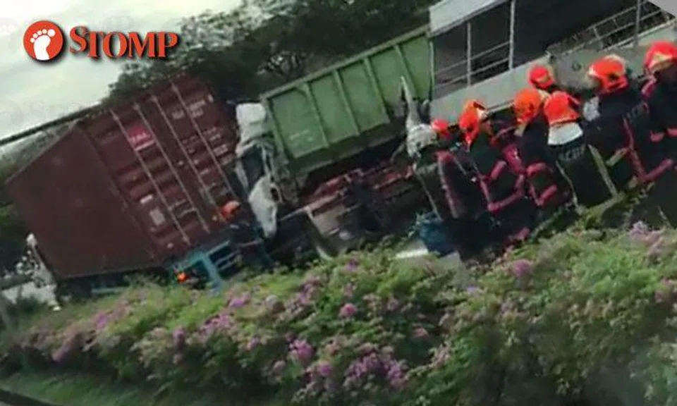 Front of tipper truck completely crushed after accident with 14 footer and lorry along AYE