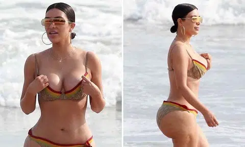 Kim Kardashian flaunts voluptuous figure at Mexico beach