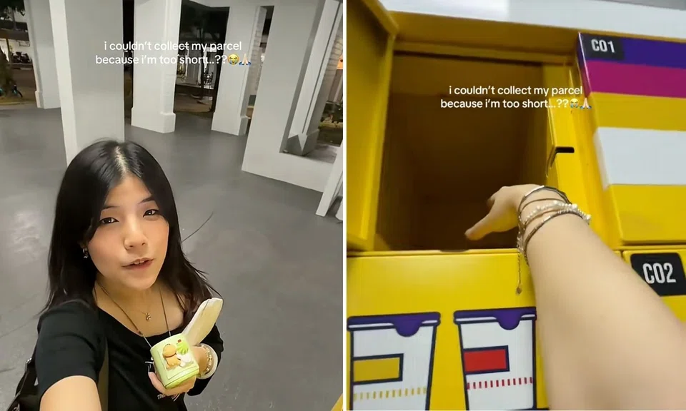 woman sprain toe while trying to reach parcel placed on highest level of self-collection locker