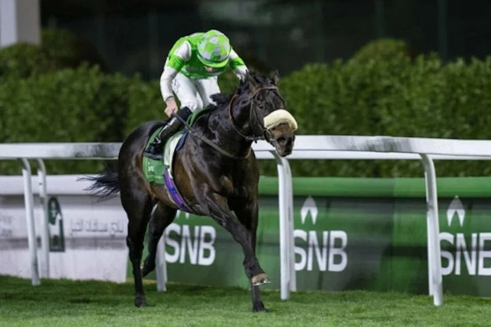 British jockey Rossa Ryan steering Annaf to a surprise win in the 1351 Turf Sprint (1,200m) at King Abdulaziz racecourse in Riyadh on Feb 24, 2024. The Mick Appleby-trained galloper will be back to defend his title on Feb 22. 