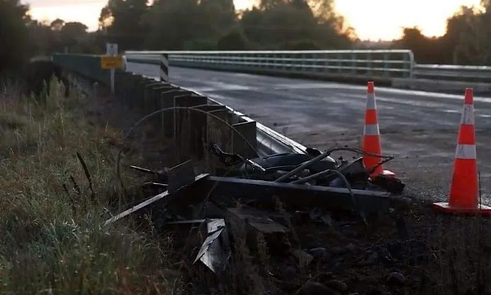 The rental camper van the trio were in hit a barrier at the intersection of a road and burst into flames. PHOTO: 1NEWS  The crash happened along Te Moana Road near the town of Geraldine at around 1am on April 17. PHOTO: NEW ZEALAND HERALD