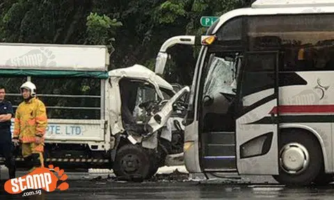 Lorry completely wrecked and bus smashed after head-on collision at Pioneer Road
