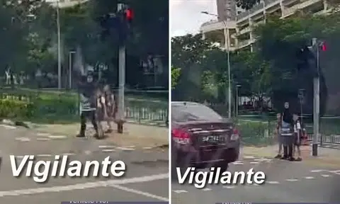 Car runs red light, speeds past pedestrian with two kids in Punggol