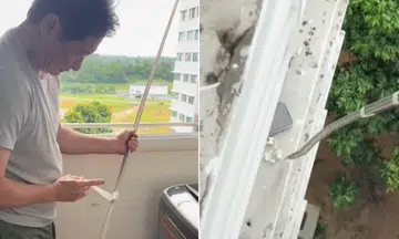 Ms Lie’s father taped together curtain rails to retrieve a phone that fell on an air-conditioning ledge.