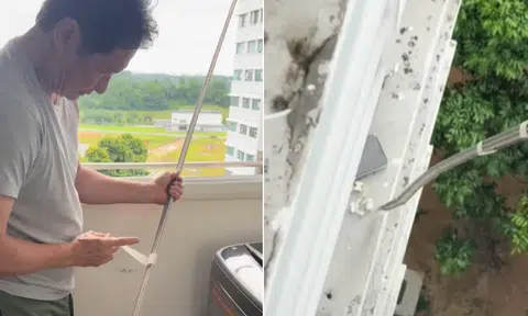 Ms Lie’s father taped together curtain rails to retrieve a phone that fell on an air-conditioning ledge.