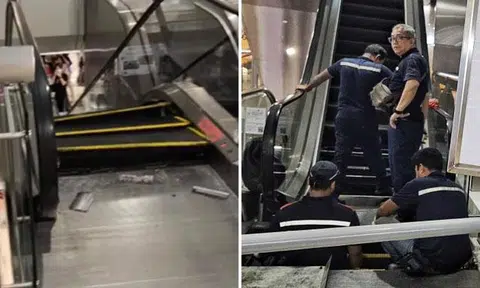 Family almost gets hit by escalator pieces at HarbourFront