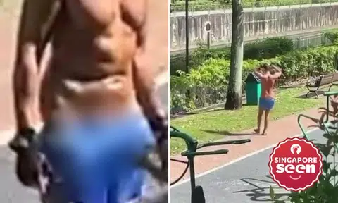 Man exercising at a fitness corner beside the Jurong River at Corporation Rise