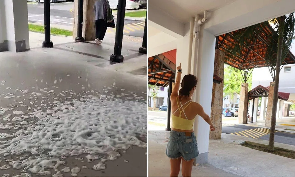 Soap foam leaking from a pipe at the void deck of Block 173 Bishan Street 13 has puzzled residents.