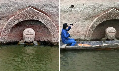 Long lost Buddha statue emerges from lake after water level recedes at a reservoir in China