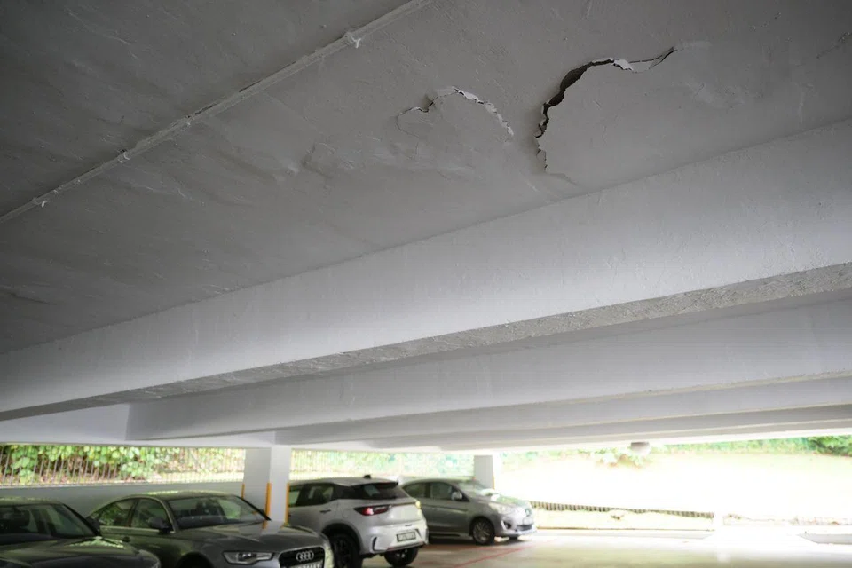 Spalling concrete and water seepage can be seen in the car park of Lakeview Estate.