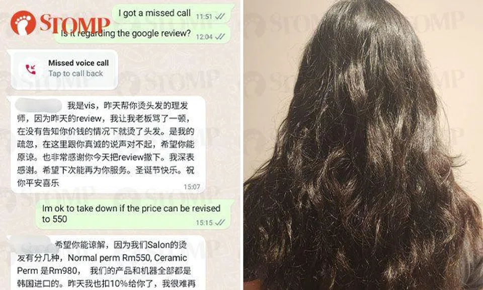 Singaporean quoted 550RM for perm at KL salon but 'misled' into paying 900RM instead