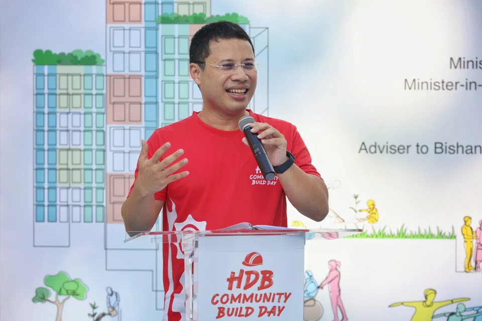 Minister for National Development Desmond Lee speaking at the HDB Community Build Day at Toa Payoh N1 Neighbourhood Park on April 6.